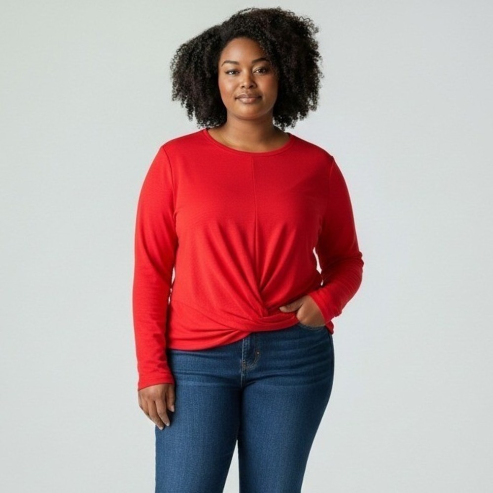 Red Ribbed Twist Front Woman Plus 2X Long Sleeve Top Athletic Athleisure